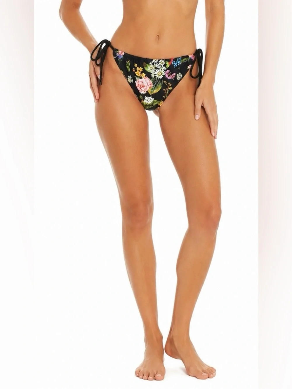 NWT Agua Bendita Floral Side-Tie Bikini Bottoms in Black Botanical Print Size XL